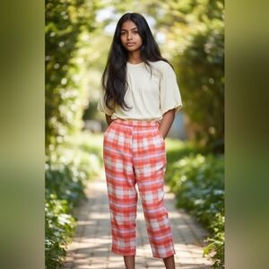Farm Rio Orange Pink & Cream Gingham Plaid Light Cropped Pants Size Small